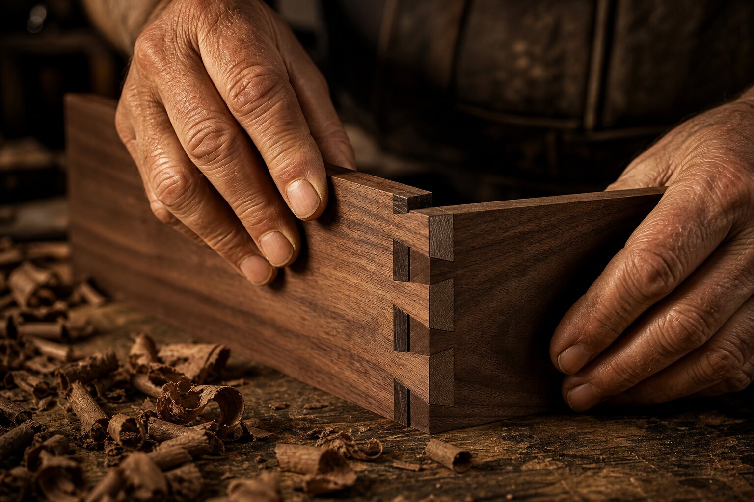 Master carpenter fitting a dovetail joint in walnut, Singapore Carpentry workshop